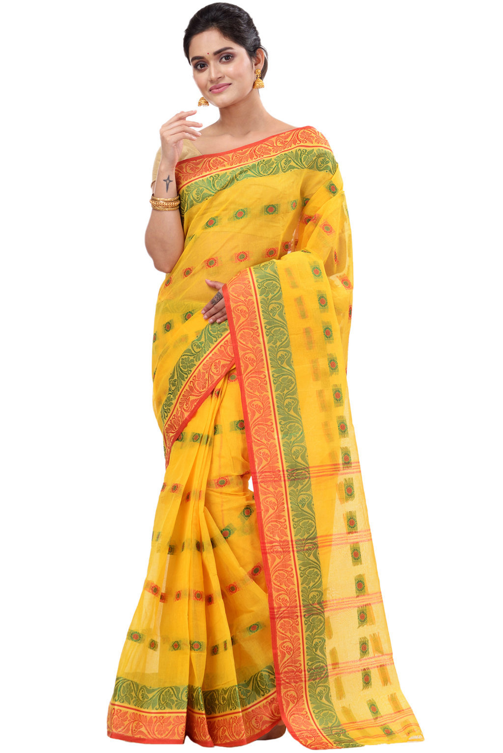 Yellow Pure Cotton Pushti Desiging Tant Saree (229)